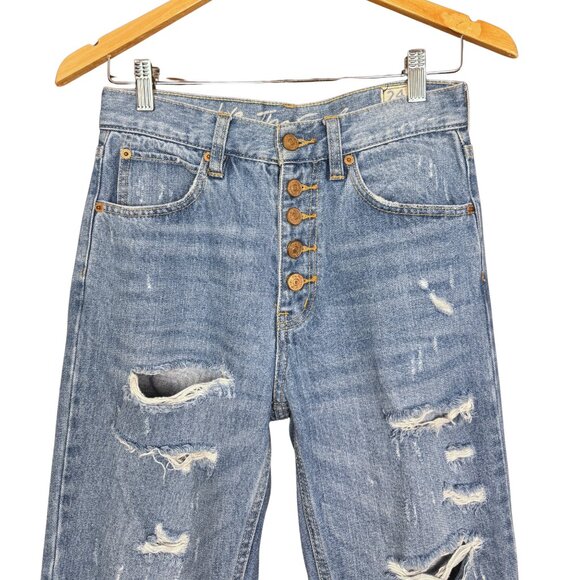 We The Free Free People Distressed Button Fly High Rise Jeans 24 - Picture 3 of 9
